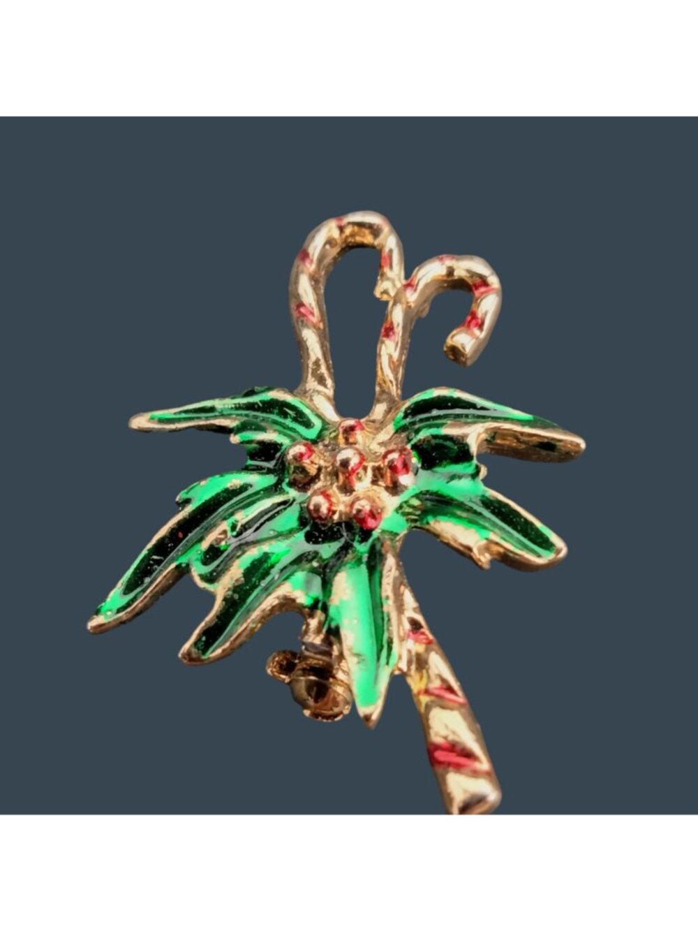 Christmas Candy Cane Pin Brooch Holly Berry Vintage Holiday Jewelry Gold Enamel - Picture 3 of 5